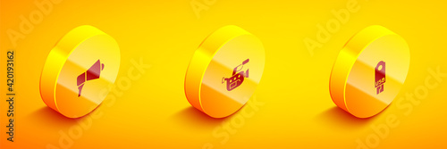 Set Isometric Megaphone, Cinema camera and USB flash drive icon. Vector