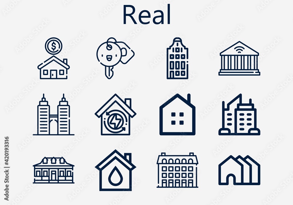 Premium set of real [S] icons. Simple real icon pack. Stroke vector illustration on a white background. Modern outline style icons collection of Building, Houses, Hotel key, Eco house, Skyscraper