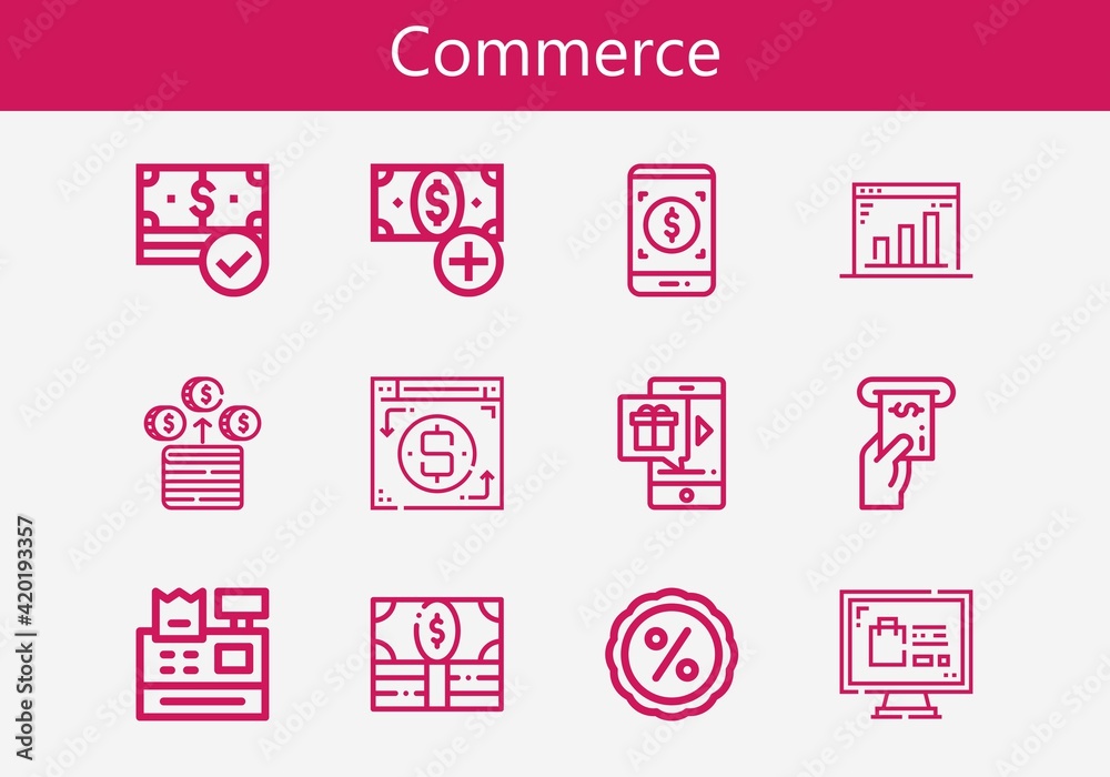 Premium set of commerce line icons. Simple commerce icon pack. Stroke vector illustration on a white background. Modern outline style icons collection of Money, Add button Premium set of commerce line icons. Simple commerce icon pack. Stroke vector illustration on a white background. Modern outline style icons collection of Money, Add button