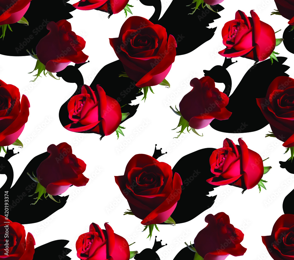 A pattern with red roses with green leaves against a black-and-white A pattern with a black swan silhouette with a crown A pattern with red roses with green leaves against a black-and-white A pattern with a black swan silhouette with a crown