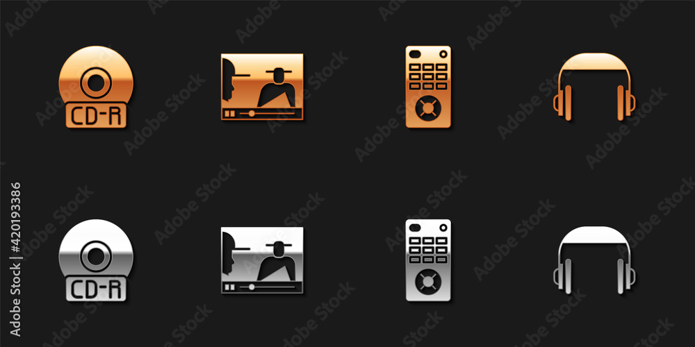 Set CD or DVD disk, Online play video, Remote control and Headphones icon. Vector Set CD or DVD disk, Online play video, Remote control and Headphones icon. Vector