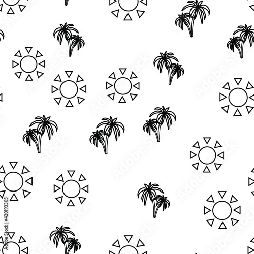 Black and white beach pattern of embroidered palms. Exotic seamless background.