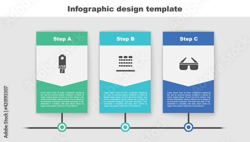 Set USB flash drive, Cinema auditorium with seats and 3D cinema glasses. Business infographic template. Vector