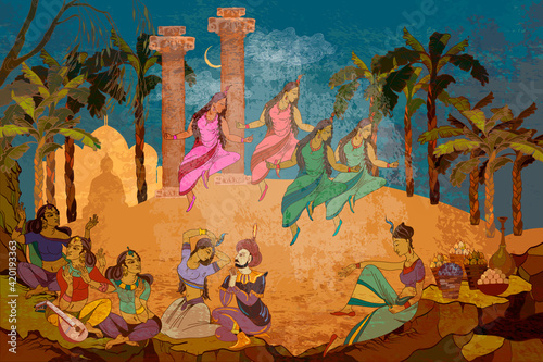 Ancient frescoes. Religion. Hinduism. Traditional indian mural paintings style. Old Asian culture. Mythology, tradition and history. Gods of India. Ramayana. Dancing goddesses in the jungle