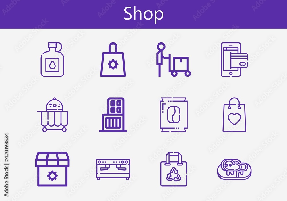 Premium set of shop line icons. Simple shop icon pack. Stroke vector illustration on a white background. Modern outline style icons collection of Food cart, Coffee machine, Canteen, Shop Premium set of shop line icons. Simple shop icon pack. Stroke vector illustration on a white background. Modern outline style icons collection of Food cart, Coffee machine, Canteen, Shop
