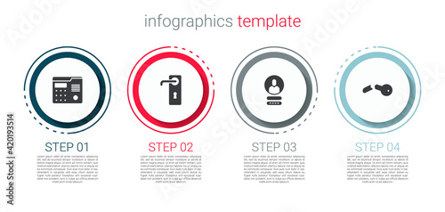 Set House intercom system, Door handle, Create account screen and Broken key. Business infographic template. Vector