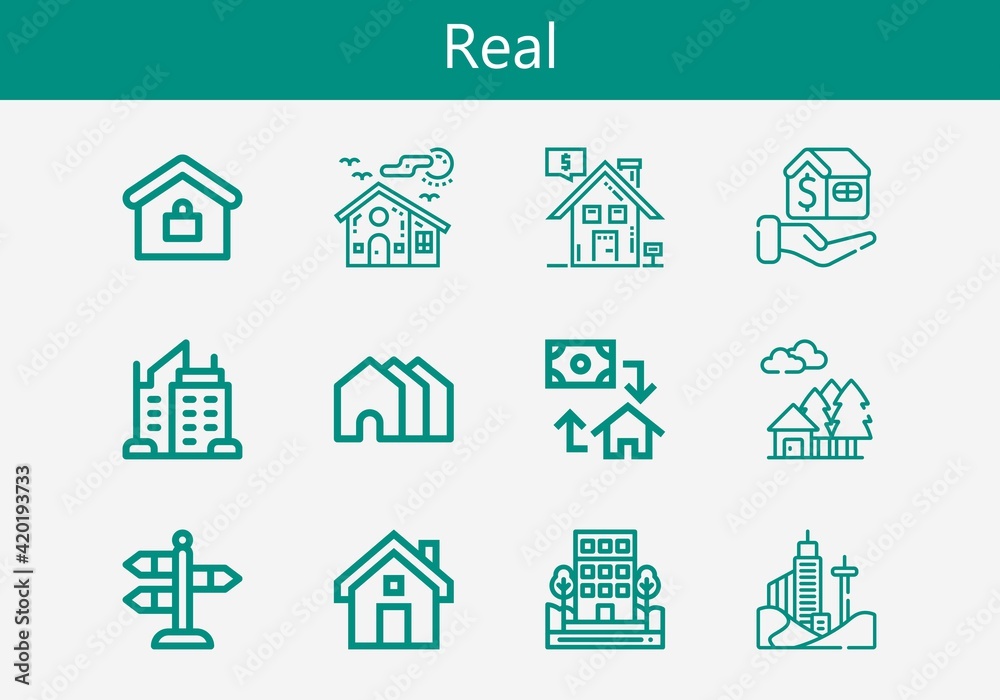 Premium set of real line icons. Simple real icon pack. Stroke vector illustration on a white background. Modern outline style icons collection of Building, Houses, Mortgage, Skyscraper, Street