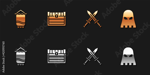Set Medieval flag, Antique treasure chest, Crossed medieval sword and Executioner mask icon. Vector