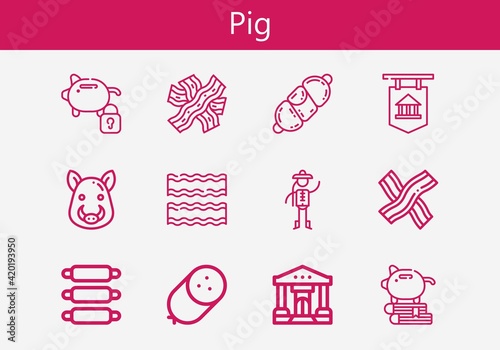 Premium set of pig line icons. Simple pig icon pack. Stroke vector illustration on a white background. Modern outline style icons collection of Boar, Sausage, Bank, Piggy bank