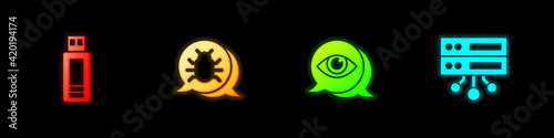 Set USB flash drive, System bug, Eye scan and Server, Data, Web Hosting icon. Vector