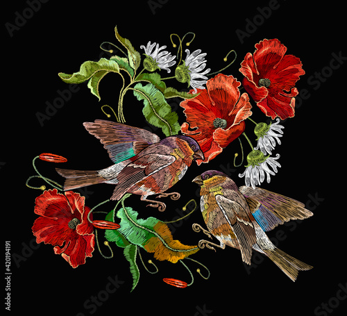 Embroidery pink peonies and birds. Classical embroidery. Fashionable template for design of clothes, t-shirt design, tapestry flowers renaissance style