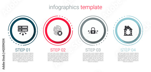 Set Server, Data, Web Hosting, Cancelled fingerprint, Cyber security and House system bug. Business infographic template. Vector