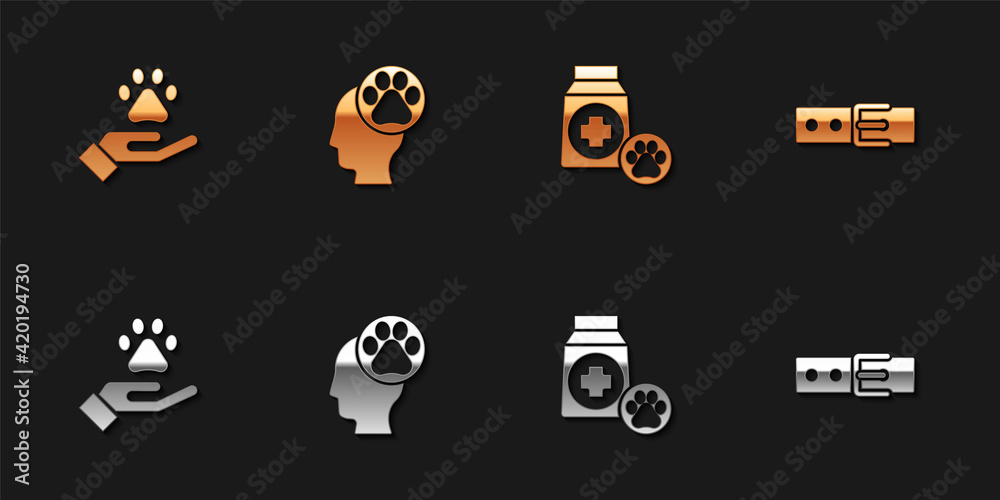 Set Hands with animals footprint, Human, Bag of food and Collar name tag icon. Vector