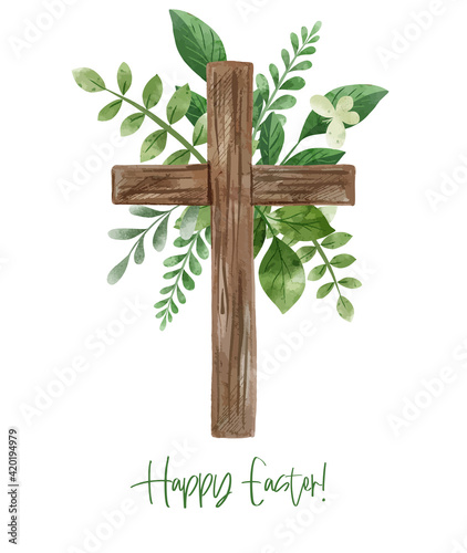 Easter cross with floral decor. Hand drawn vector