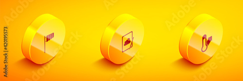 Set Isometric Cone windsock wind vane, Weather forecast and Meteorology thermometer icon. Vector