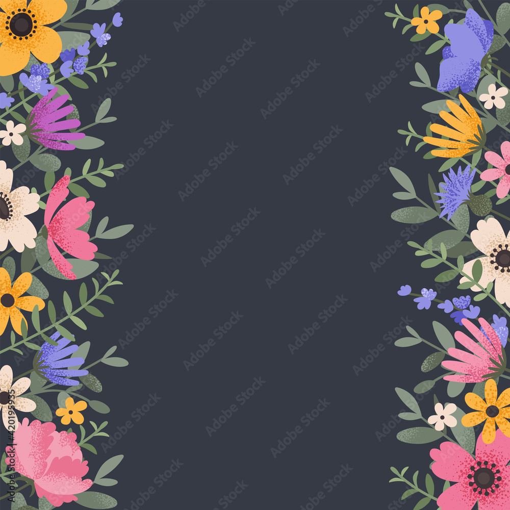 Decorative borders with summer flowers. Floral greeting card with place for text. Template for invitation card with beautiful peonies and anemone flowers. Vector illustration