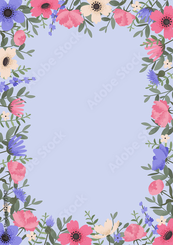 Decorative borders with summer flowers. Floral greeting card with place for text. Template for invitation card with beautiful peonies and anemone flowers. Vector illustration