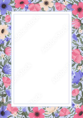 Floral background design with summer flowers. Greeting card with place for text. Template for invitation card with beautiful peonies and anemone flowers. Vector illustration