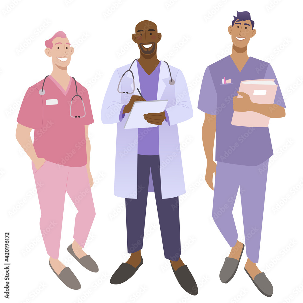 Medical group of doctor, nurse, and intern. Health care team characters. Flat vector illustration Medical group of doctor, nurse, and intern. Health care team characters. Flat vector illustration