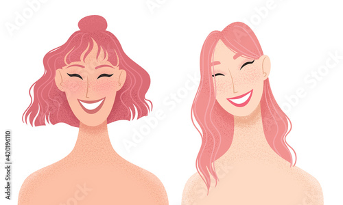 Portrait of two beautiful women. Girlfriends, couple, friends or sisters vector flat concept illustration. 