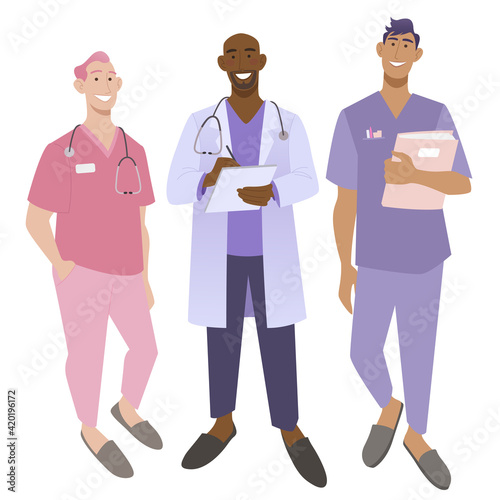 Medical group of doctor, nurse, and intern. Health care team characters. Flat vector illustration