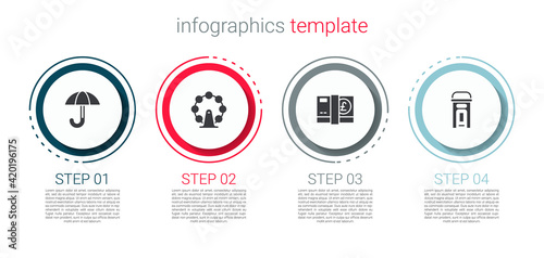 Set Umbrella, London eye, Pound sterling money and phone booth. Business infographic template. Vector