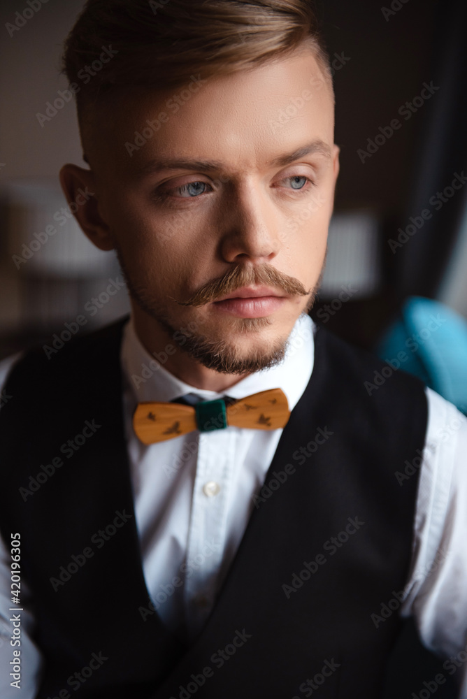 Portrait of handsome groom wearing suit with tie bow Portrait of handsome groom wearing suit with tie bow
