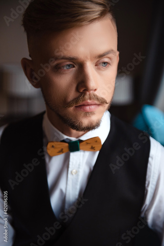 Portrait of handsome groom wearing suit with tie bow