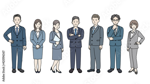 ビジネスマン　スーツ　会社員　仲間　同僚　男女　全身　イラスト素材