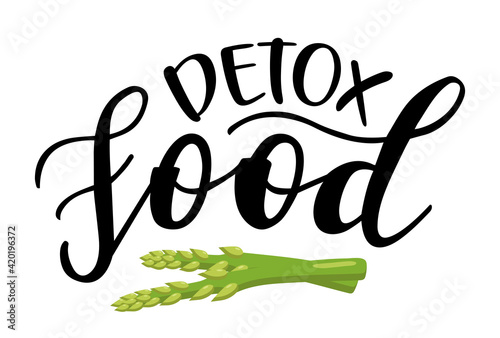 Detox Food handwritten lettering vector emblem icon. Healthy lifestyle phrases and icon emblems for marketing cards, banners, posters, mug, notebooks, scrapbooking, pillow case and clothes design. 