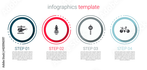 Set Helicopter, Rocket ship with fire, Speed limit traffic and Bicycle. Business infographic template. Vector