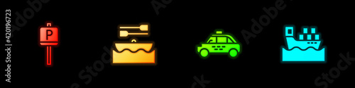 Set Parking, Boat with oars, Taxi car and Cargo ship boxes icon. Vector