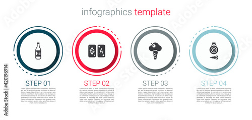 Set Bottle of water, Tarot cards, Ice cream in waffle cone and Classic dart board and arrow. Business infographic template. Vector