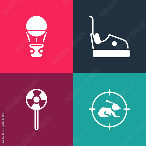 Set pop art Hunt on rabbit with crosshairs, Lollipop, Bumper car and Hot balloon icon. Vector