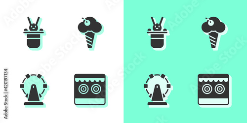 Set Shooting gallery, Magician hat and rabbit, Ferris wheel and Ice cream waffle cone icon. Vector