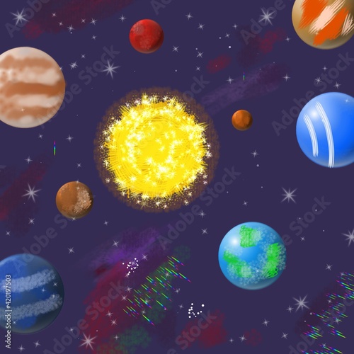 drawing of solar system planet with sun earth and stars
