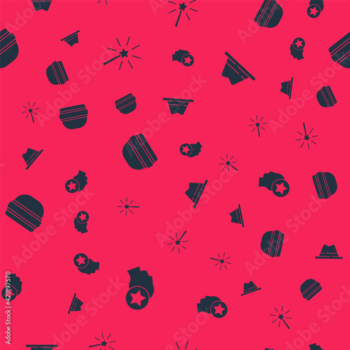 Set USA Head, Firework, Burger and Man hat with ribbon on seamless pattern. Vector