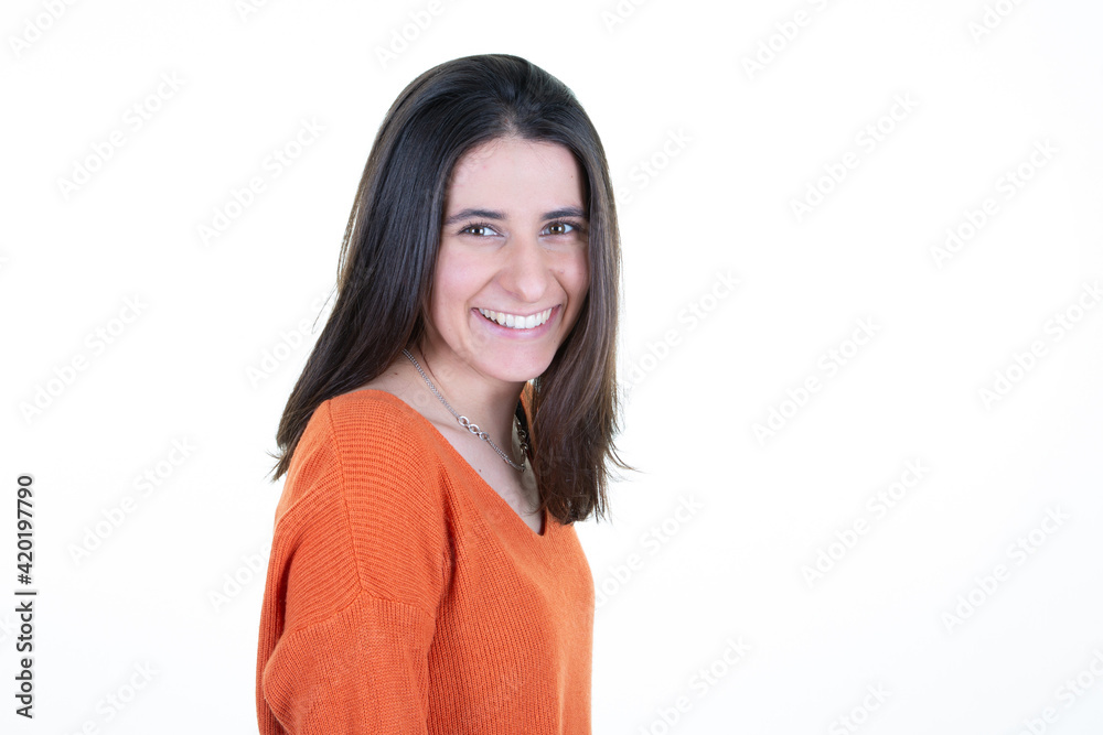 Happy Self-Assured young pretty happiness Woman smilling cute girl On Isolated copy space white Background Happy Self-Assured young pretty happiness Woman smilling cute girl On Isolated copy space white Background