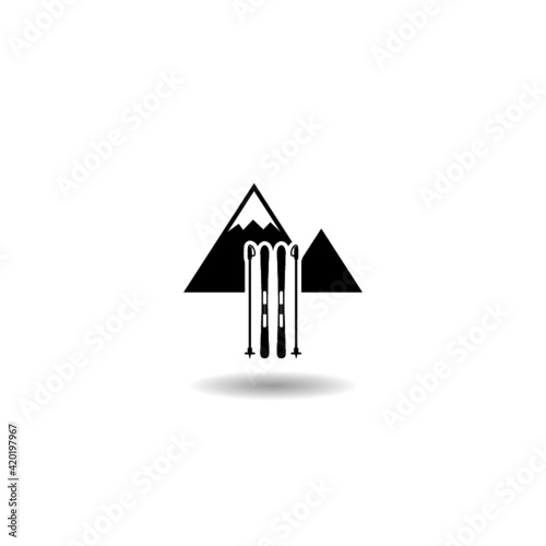 Ski mountains icon with shadow