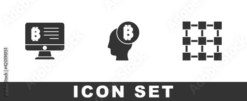 Set Mining bitcoin from monitor, Bitcoin think and Blockchain technology icon. Vector