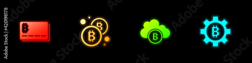 Set Credit card with bitcoin, Bitcoin, Cryptocurrency cloud mining and icon. Vector