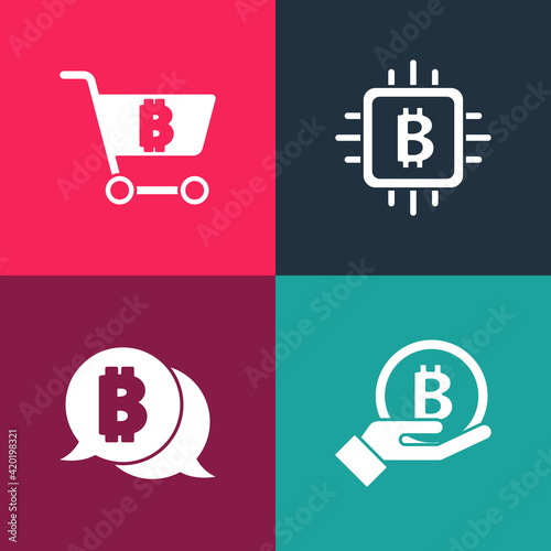 Set pop art Hand holding Bitcoin, , CPU mining farm and Shopping cart with bitcoin icon. Vector