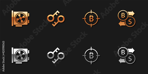 Set Video graphic card, Cryptocurrency key, Bitcoin in the target and exchange icon. Vector