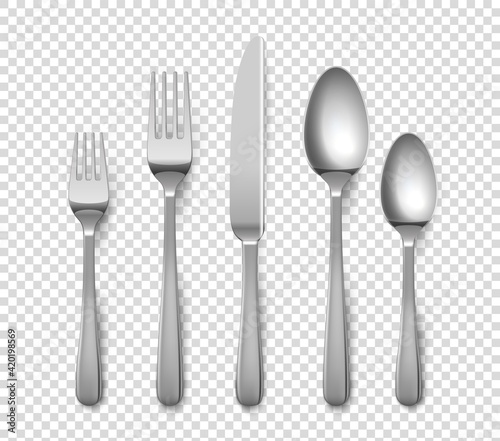 Realistic cutlery. 3D forks and knives or spoons. Isolated metal objects for table setting on transparent background. Top view of silverware set. Vector flatware from stainless steel