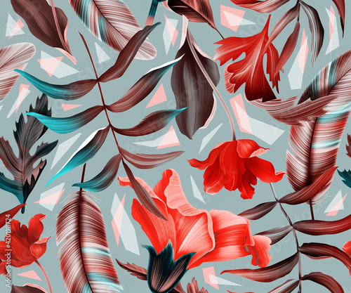 Seamless tropical flower, plant and leaf pattern background. Hawaii jungle flowers