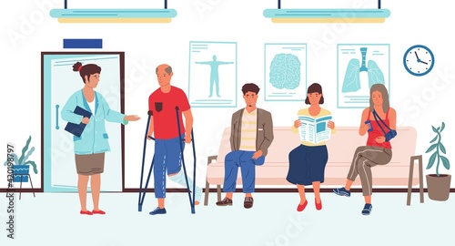 People wait in hospital. Appointment queue in clinic, disabled injured patient talking to doctor in waiting room interior. Vector concept of healthcare, medical examination and treatment
