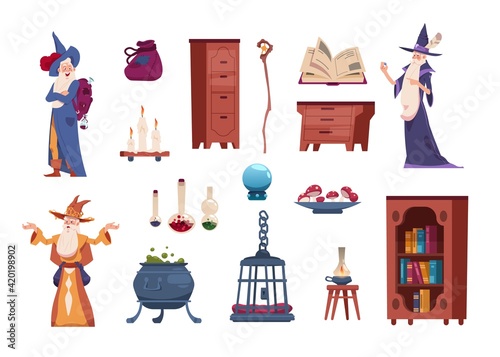 Wizard tools. Cartoon magician casts spells. Alchemical laboratory with cauldron for potions and vials for elixirs. Magic fantasy collection of broom and sorcery instruments, vector set