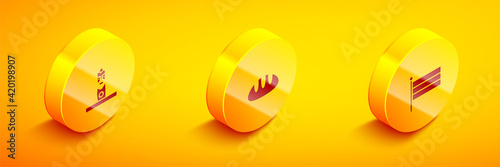 Set Isometric Slavic pagan idol, Bread loaf and National Russia flag icon. Vector