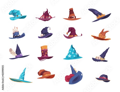 Wizard hats. Cartoon magician wide-brimmed pointed headgear. Colorful headdress decorated with feathers and bright ribbons, candles or bells. Vector set of sorcerer's headwear types