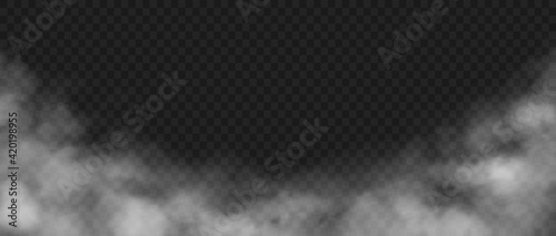 Smoke background. Realistic decorative fog effect and transparent magic mist. White vapor, creeping fume. Cloudscape and rising smog mockup. Dust or powder cloud, vector steam template